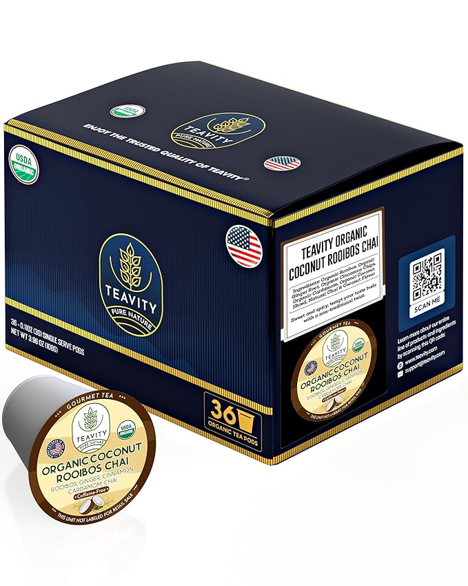 Coconut Rooibos Chai Tea Pods for Keurig - Organic Ginger Tea, Rooibos, Cinnamon, Cardamom, Coconut & Chai by Teavity (36 Tea Pods)