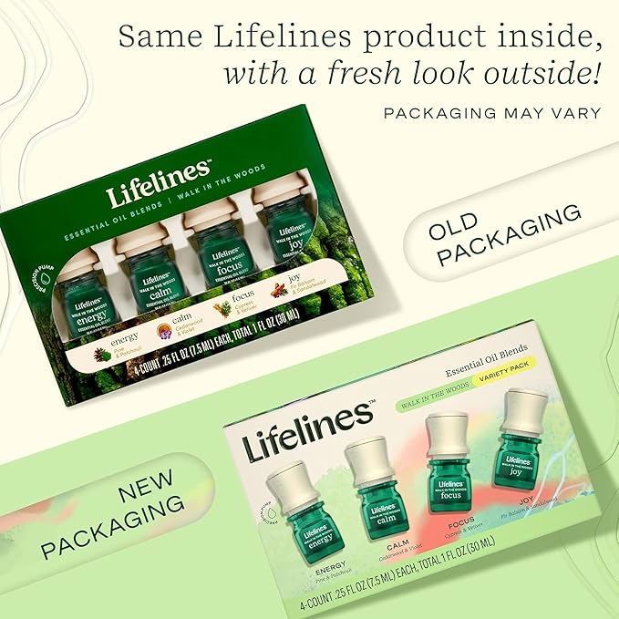 Lifelines Essential Oil Blends, 4-Pack - Blended Essential Oils with Precision Pump for Aromatherapy Diffusers - Long-Lasting Scented Fragrance - Walk in The Woods (Joy, Calm, Focus & Energy)