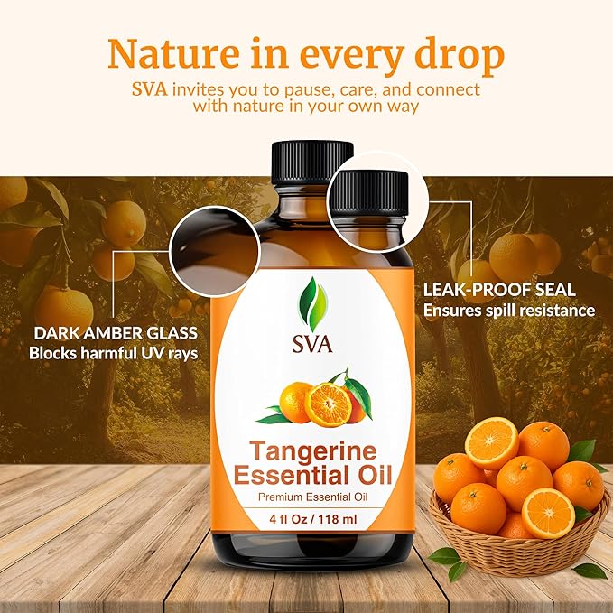 SVA Tangerine Essential Oil – 4 Fl Oz – 100% Natural Tangerine Oil - for Diffuser, Hair Care, Face, Skin Care, Aromatherapy, Scalp and Body Massage, Soap and Candle Making – with Dropper