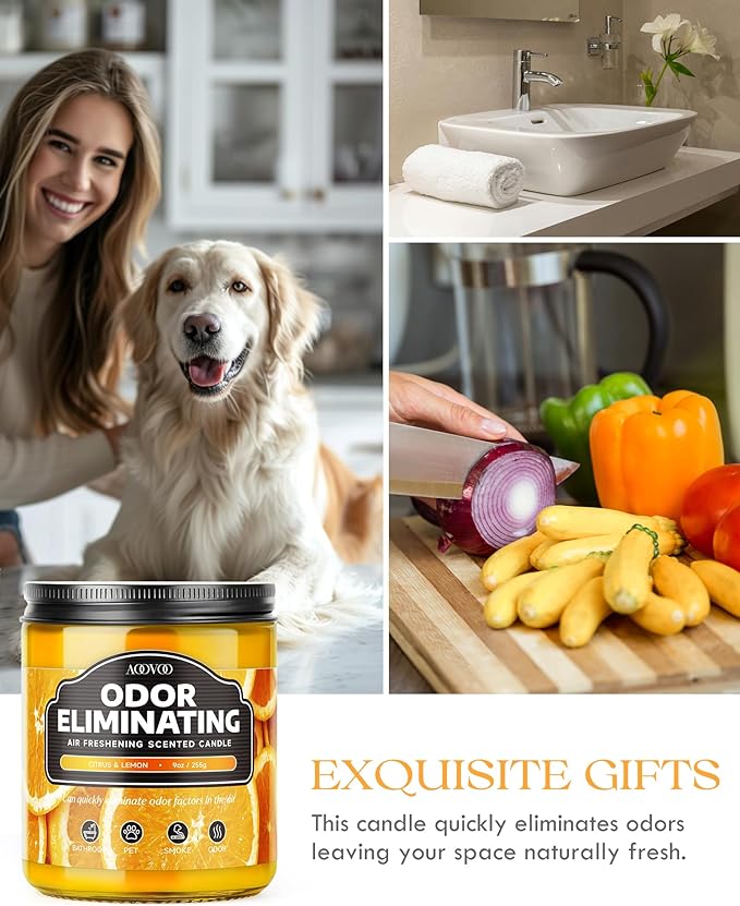 AOOVOO 6 Pack Citrus Lemon Odor Eliminating Highly Fragranced Candle - Eliminates 95% of Pet, Smoke, Food, and Other Smells Quickly, Air Freshing Soy Candle