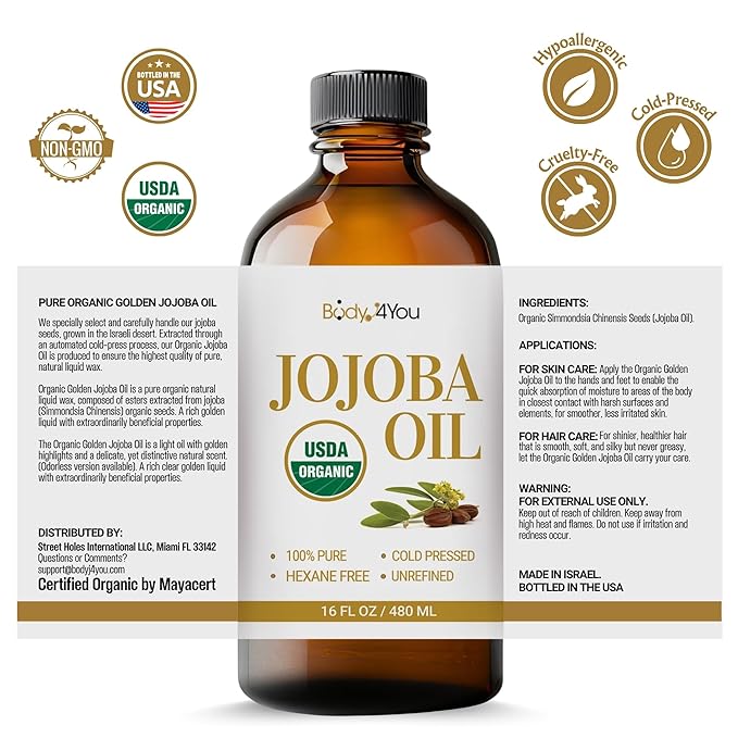 BodyJ4You Organic Jojoba Oil for Skin - USDA Organic 100% Pure Natural - Face Skin Gua Sha Facial Dermaplaning Hair Scalp Massage - Unrefined Cold Pressed Hexane Free - 16 Fl Oz