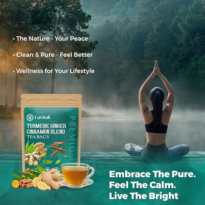 Lavitali, Ginger Turmeric Cinnamon Tea | 60 bags, 100% Pure Herbal Tea | Caffeine-Free, No Sugar, Eco-Friendly Filter Bag | Daily Natural Botanical, Hot or Iced Herbal Infusion