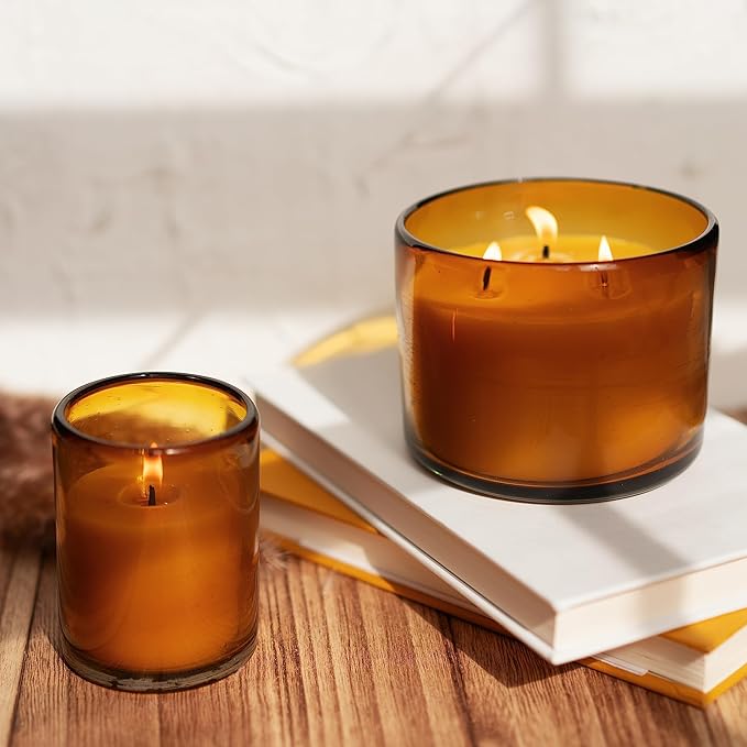 Bluecorn Beeswax Large 3-Wick Candle, 100% Pure Beeswax with Tangerine & Geranium Essential Oils, Amber Glass, Soy Free, Clean Burning Candle Wax, Long Lasting, Home Decor, American Made, 22 Oz, 1 Ct