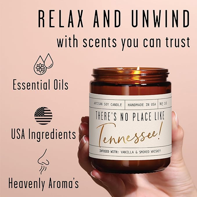 Tennessee Gifts, Tennessee Decor for Home - 'There's No Place Like Tennessee Candle, w/Vanilla & Smoked Whiskey I Tennessee Souvenirs I Tennessee State Gifts I 9oz Jar, 50Hr Burn, USA Made
