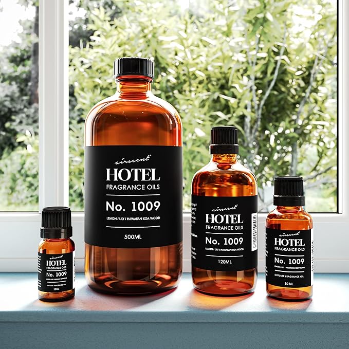 AirScent Hotel Diffuser Oil No. 1009 - Lemon Lily Hawaiian Koa Wood - Hotel Scent Dupe - Premium Fragrance Oil for Ultrasonic and Waterless Diffusers and Crafting - 30 mL, 1 fl oz Glass Bottle
