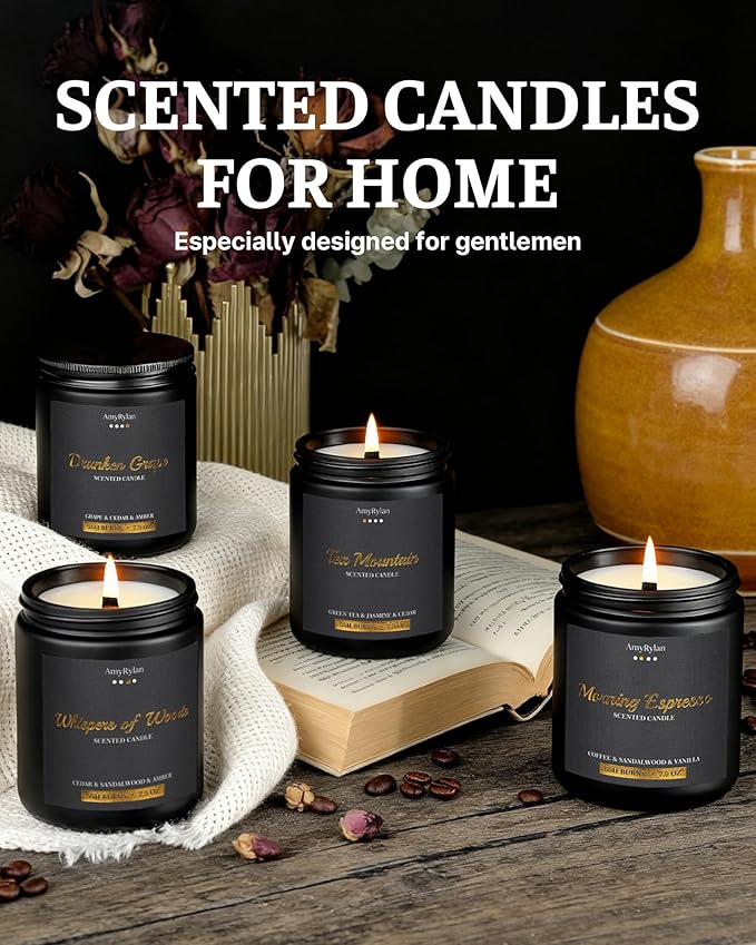 4 Pack Wooden Wick Scented Candle Gift Set for Men, 30oz Non-Toxic Soy Wax, 220 Hours of Burn Time Masculine Candle, Aromatherapy Candle for Father's Day, Boyfriend, Husband, Dad, Brother, Boss