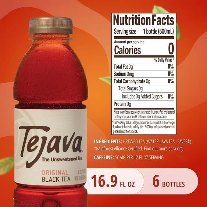 Tejava Original Unsweetened Black Iced Tea, 6 Pack, 16.9oz PET Bottles, Non-GMO, Kosher, No Sugar or Sweeteners, No calories, No Preservatives, Brewed in Small Batches