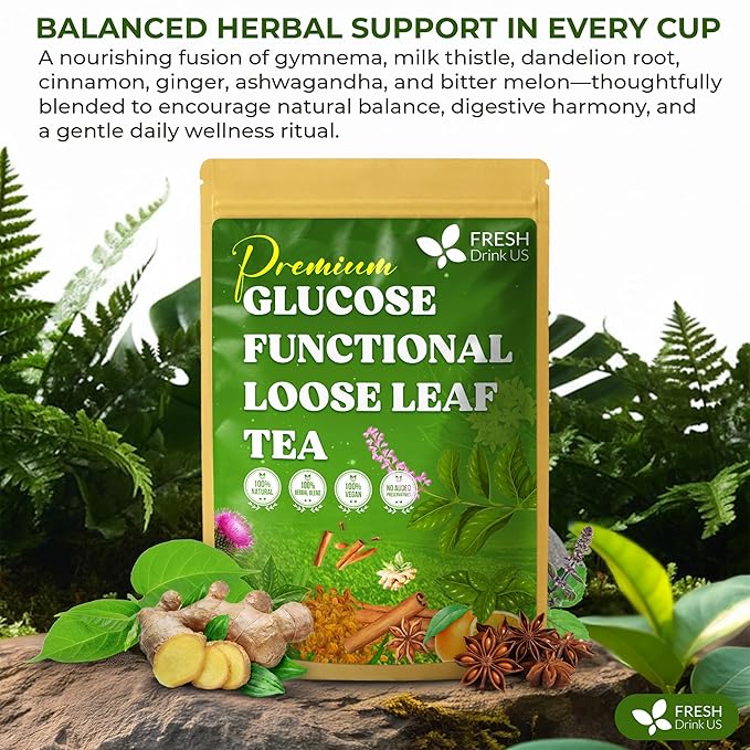 FreshDrinkUS, Glucose Functional Loose Leaf Tea | 4oz | Herbal Blend of Gymnema, Milk Thistle, Dandelion Root, Cinnamon & Ashwagandha – Naturally Caffeine-Free, Premium Quality, Balanced Flavor. Vegan