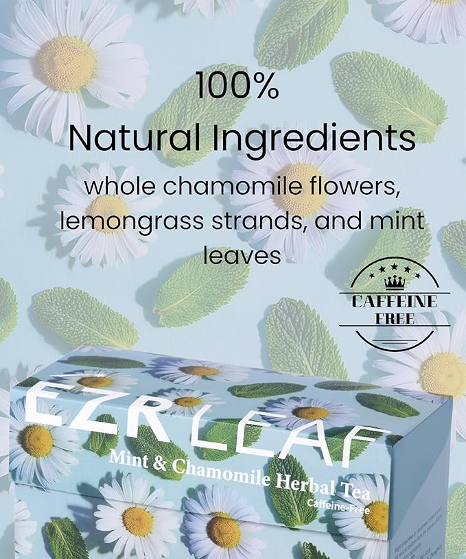 EZR Leaf Mint & Chamomile Herbal Tea 20 Pyramid Tea Bags 1.4 Once with Lemongrass Mint Leaves Caffeine Free Decaf Blend Natural Relaxing,Wellness Gift-Ready