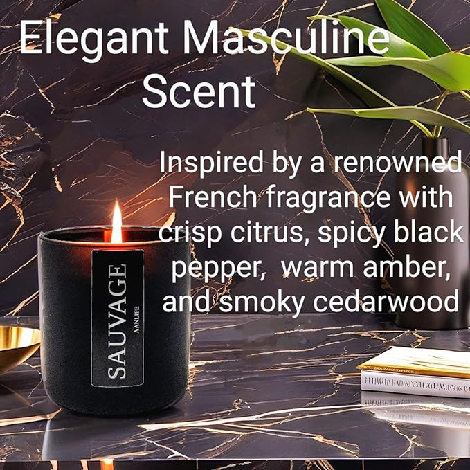 AANLIFE Sauvage Scented Candle for Men, Masculine Fragrance Inspired by French Cologne, Organic Wax 50H Burn, Gift for Dad Husband Boyfriend, Glass Jar with Lid, 8 oz, USA