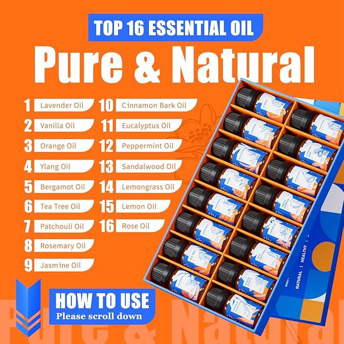 HIQILI Essential Oils Set,Top 16 Organic Aromatherapy Oils for Diffusers for Home,Plant Therapy,Candle Making,Laundry Fragrance,Humidifiers,Skin Care