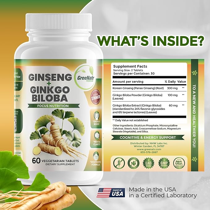 GreeNatr Ginko Biloba & Panax Ginseng Supplement - Red Ginseng Brain Supplement for Memory and Focus - Ginkgo Biloba Supplements for Good Vision, Immune System and Improved Blood Flow - 60 Tablets