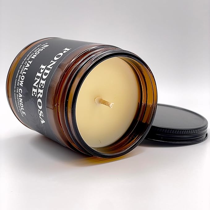 Big Crazy Buffalo Pure Bison Tallow Scented Candle, Ponderosa Pine, 8 oz - Scents of Pine, Cypress, & Cedar - Pure, Low Smoke, Beeswax, Traditional Tallow Candle, Glass Jar