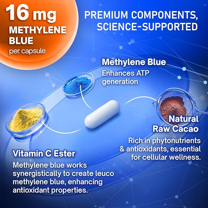 120 Methylene Blue Capsules - Natural Cacao and Vitamin C Ester for Added Support, Cognitive Supplement, 60-Day Supply - Vegan, Non-GMO, Gluten-Free