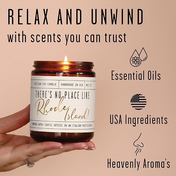 Rhode Island Gifts, Rhode Island Decor for Home - 'There's No Place Like Rhode Island Candle, w/Vanilla, Cardamon & Orange I Rhode Island Souvenirs State Gifts I 9oz Jar, 50Hr Burn, USA Made