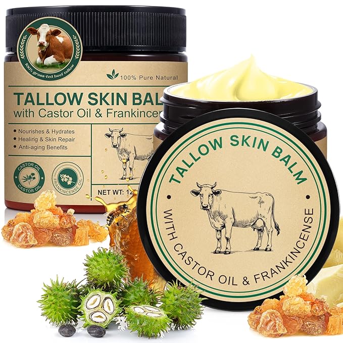 2 Pack Handmade Beef Tallow with Frankincense and Castor Oil Face Balm, 100% Grass-Fed Tallow for Skin Care, Face & Body Moisturizer for Sensitive Skin & Dry Skin Age Defying, Natural Lotion