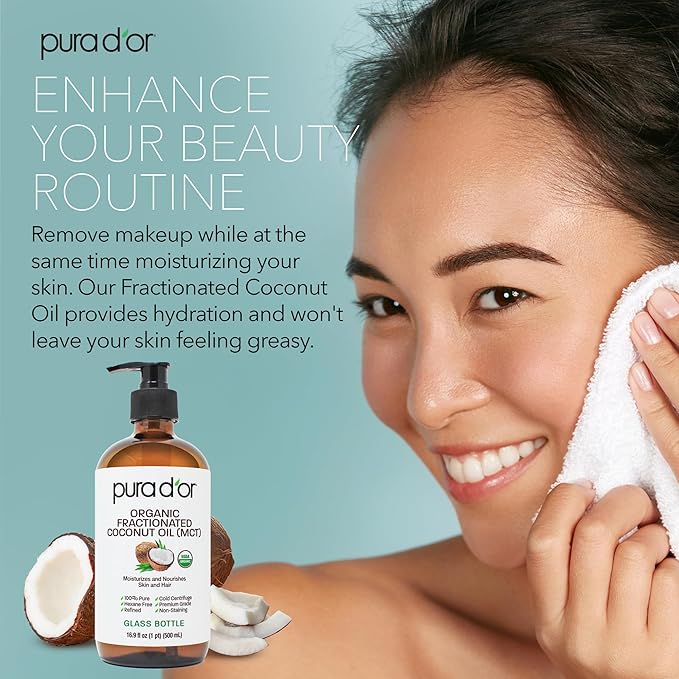 PURA D'OR 16.9 Oz ORGANIC Fractionated Coconut Oil (GLASS BOTTLE) USDA Certified MCT Oil – Therapeutic, Lightweight Moisturizer – Hexane Free Carrier Oil For Essential Oils, Massage – Face, Hair, Body