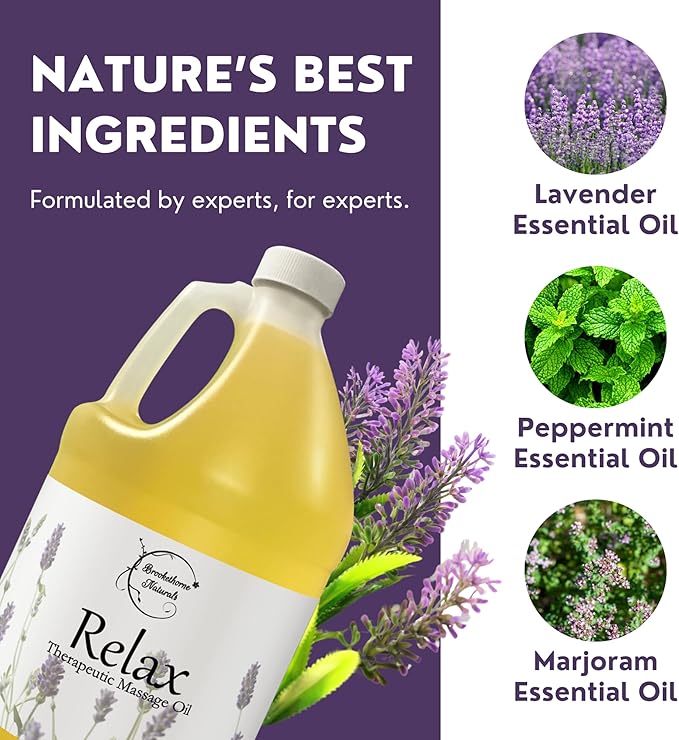 Relax Massage Oil for Massage Therapy | Professional Quality Oil with Lavender, Peppermint & Marjoram | All Natural, Non-Greasy, Smooth Glide | Large 1 Gallon Size with Pump by Brookethorne Naturals