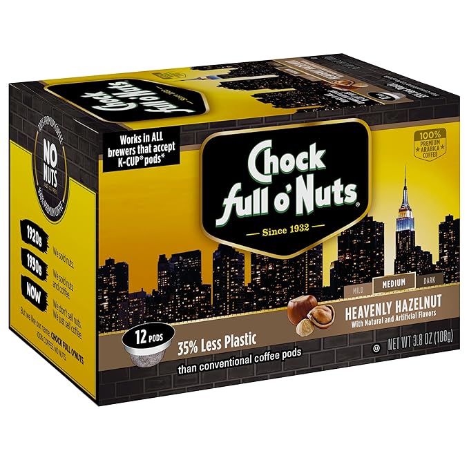 Chock Full o’Nuts Heavenly Hazelnut Roast, Medium Roast K-Cups, Flavored to Perfection with a Great Hazelnut Taste - Compatible with Keurig Pods K-Cup Brewers (1 Pack of 12 Single-Serve Cups)
