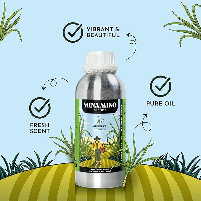 16 fl oz - Lemongrass Essential Oil (100% Pure & Natural) Large Aluminum Bottle for Aromatherapy, Diffuser, Candle & Soap Making - Minamino Blends