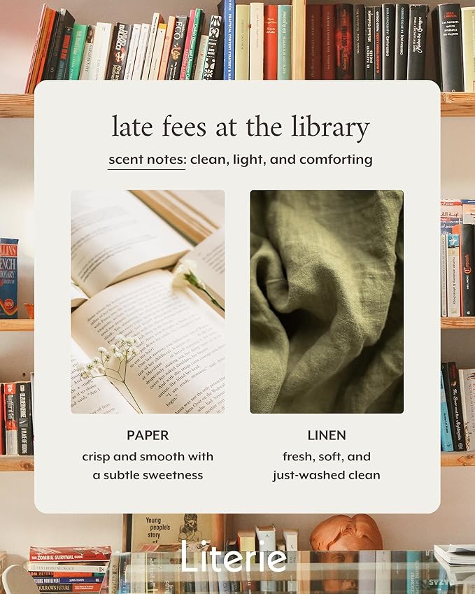 Literie NYC Inspired Scented Candle: Late Fees at The Library - Paper & Linen Scent, 9oz, 50 Hour Burn, Vegan Soy & Coconut Blend Candle for Home Decor, Gift for Women & Men