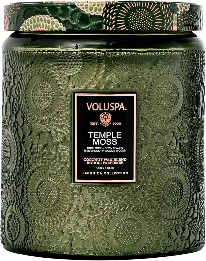 Voluspa Temple Moss, Two Wick Luxe Candle Jar, 44 oz, Coconut Wax Blend, Scented Candles for Home, 140 Hour Burn Time, Handcrafted in the USA