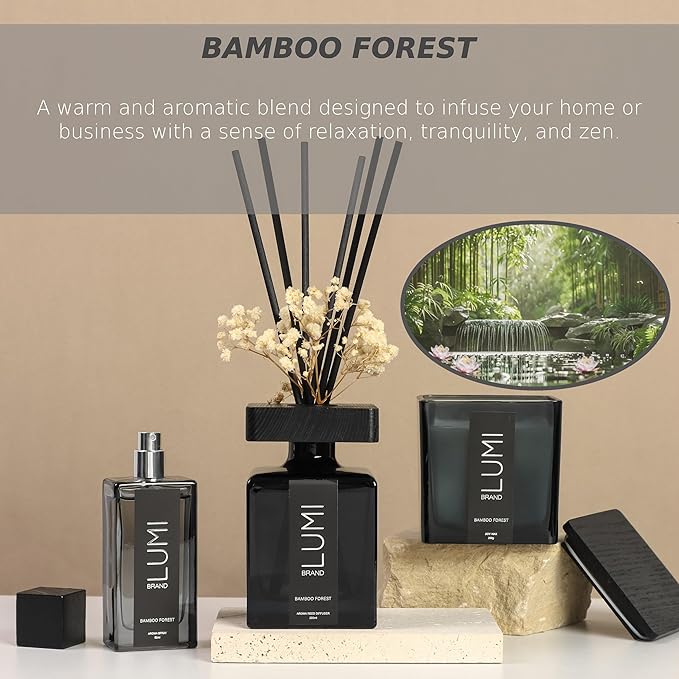 Luxury Aroma Gift Set | Bamboo Forest - Reed Diffuser (200ml), Wood Wick Soy Candle (200g), Room Spray (50ml) | Includes Dried Flowers & 8 Reeds | Luxurious Home Fragrance for Home Décor & Gifts
