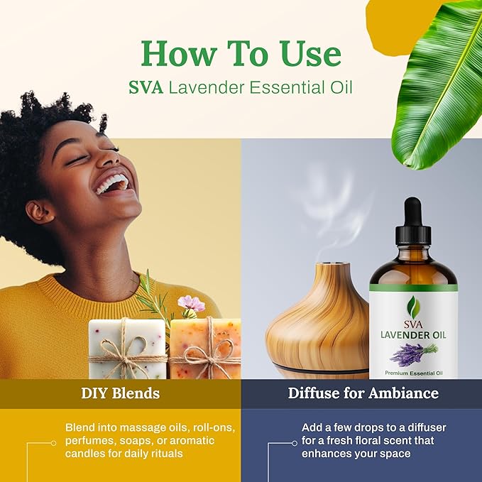 SVA Lavender Essential Oil – 4 Fl Oz – 100% Natural Lavender Oil - for Diffuser, Hair Care, Face, Skin Care, Aromatherapy, Scalp and Body Massage, Soap and Candle Making – with Dropper