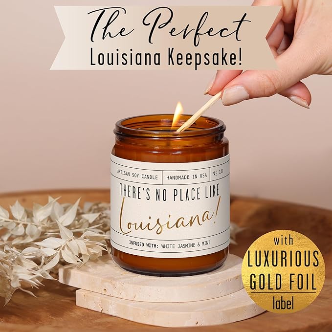 Louisiana Gifts, Louisiana Decor for Home - 'There's No Place Like Louisiana Candle, w/White Jasmine & Mint I Louisiana Souvenirs I Louisiana State Gifts I 9oz Jar, 50Hr Burn, USA Made
