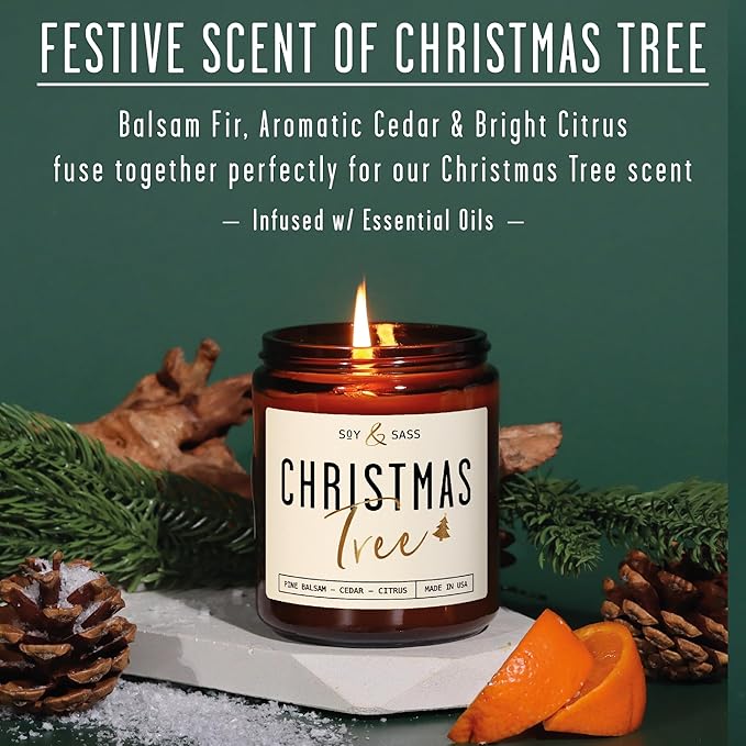 Christmas Tree Candles, Christmas Candles Scented - 'Christmas Tree' Soy Candle w/Balsam, Cedar & Citrus - Infused with Essential Oils I Balsam Pine Candle I 9oz, 50Hr, USA Made