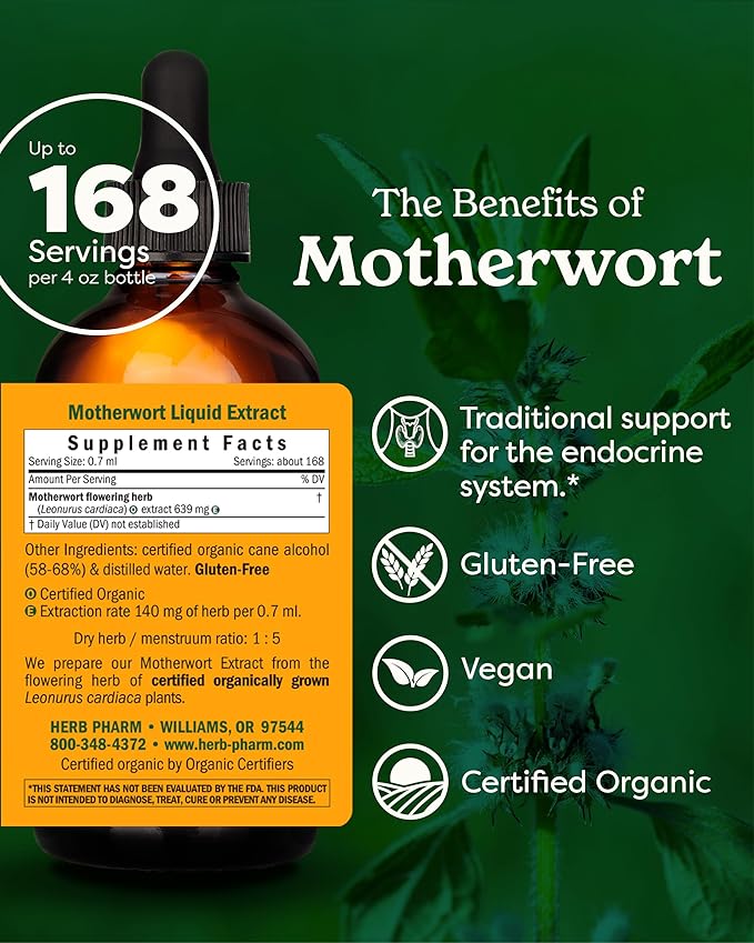 Herb Pharm Certified Organic Motherwort Liquid Extract for Endocrine System Support - 4 Ounce