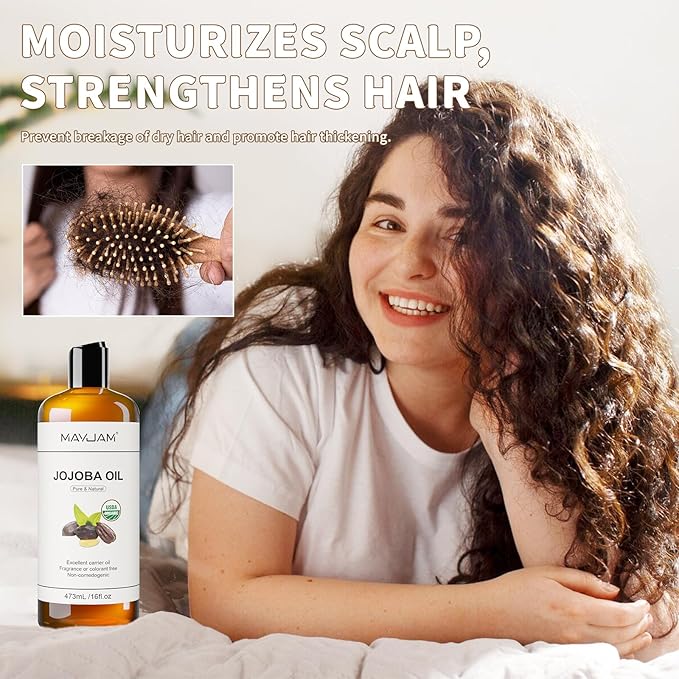 MAYJAM Jojoba Oil Organic USDA Certified 16 Oz, 100% Pure & Natural Jojoba Oils for Skin, Hair, Face, Nails, Body Massage, Cold Pressed Unrefined Carrier Oil for Essential Oils Mixing