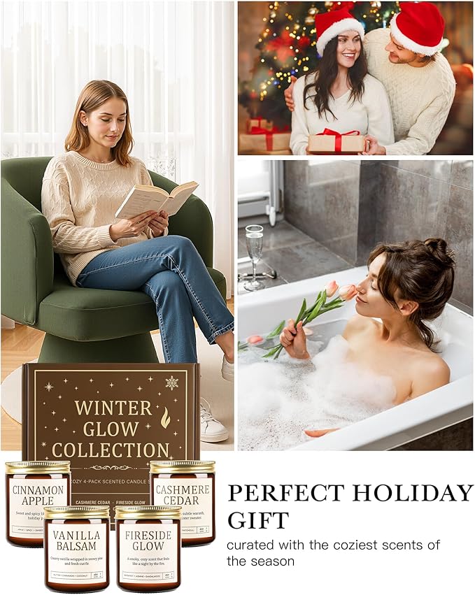 Christmas Candles Gift Set for Women - 4 Pack Scented Soy Candles with Cashmere Cedar, Fireside Glow, Cinnamon Apple & Vanilla Balsam, Long Lasting Holiday Winter Gifts for Home