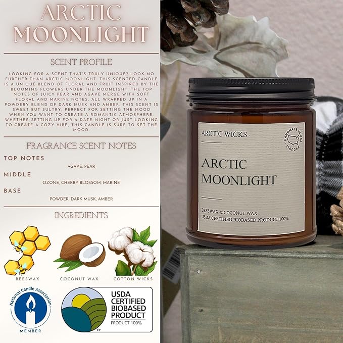Arctic Wicks Scented Coconut Beeswax Candles | Coconut Beeswax Non Toxic Candle 9oz Amber | Farmhouse Candles Non-Toxic Clean Burn 100% USDA Certified Biobased (Arctic Moonlight)