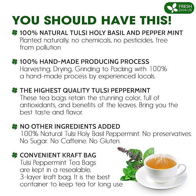 FreshDrinkUS, Premium Tulsi Peppermint Herbal – 30 Tea Bags, 100% Natural, Blend of Tulsi Holy Basil Leaves, and Peppermint Leaves. Made with Natural Material Tea Bags. No Sugar, Vegan.