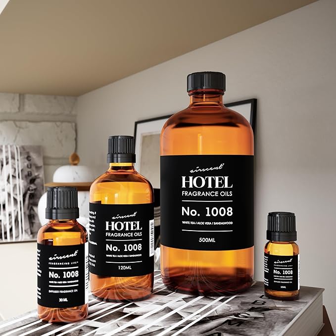 AirScent Hotel Diffuser Oil No. 1008 - White Tea, Aloe Vera & Sandalwood - Hotel Scent Dupe - Premium Fragrance Oil for Ultrasonic and Waterless Diffusers and Crafting - 10 mL, .34 fl oz Glass Bottle