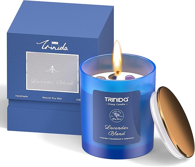 TRINIDa Aromatherapy Candle – Soy Candles with Crystal for Men, Natural Soy Wax Candles with Lavender & Sandalwood & Cedarwood Essential Oil, Long-Lasting, Relaxation Gift Candles for Home