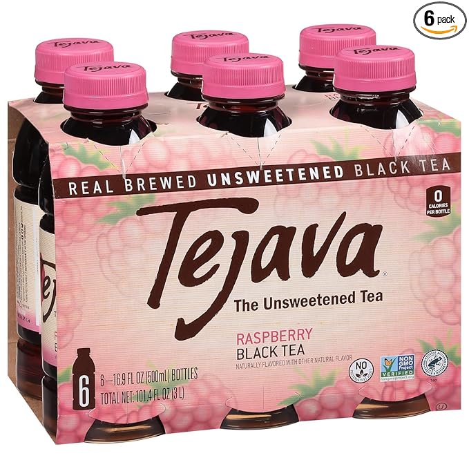 Tejava Raspberry Black Tea, 6 Pack 16.9 oz PET, Unsweetened, Ready-to-Drink Premium Iced Tea