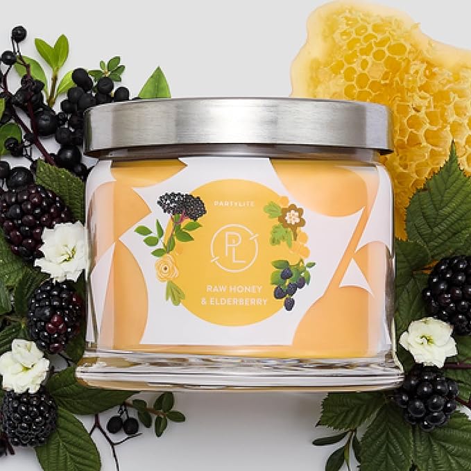 PartyLite Raw Honey & Elderberry Scented, Notes of Alpine Elderflower, Soft Jasmine & Golden Amber, 13.2oz 3-Wick Jar Candle, 45 Hour Burn Time, Luxurious Fragrance, Ideal for Gifting