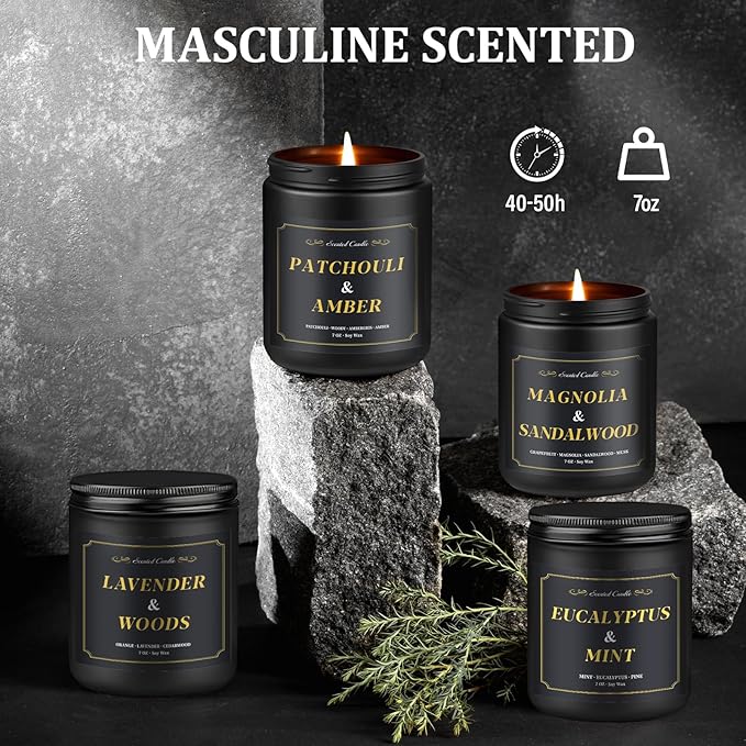 Scented Candles for Men, 4 Pack Mens Candle Christmas Gift, 28oz Soy Wax Candles - Lavender/Patchouli/Sandalwood/Eucalyptus, Candles Gift for Dad, Husband, Boyfriend, Christmas, Helloween, New Year