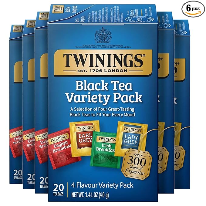 Twinings Variety Pack Black Tea Bags, 20 Count (Pack of 6), Includes English Breakfast, Early Grey, Irish Breakfast, and Lady Grey, Caffeinated, Enjoy Hot or Iced, 120 Teabags