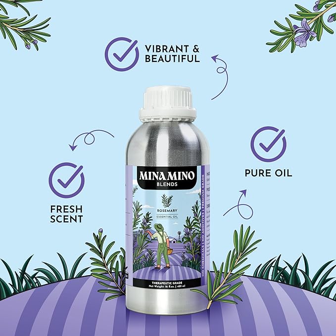 16 fl oz - Rosemary Essential Oil (100% Pure & Natural) Large Aluminum Bottle for Aromatherapy, Diffuser, Candle & Soap Making - Minamino Blends