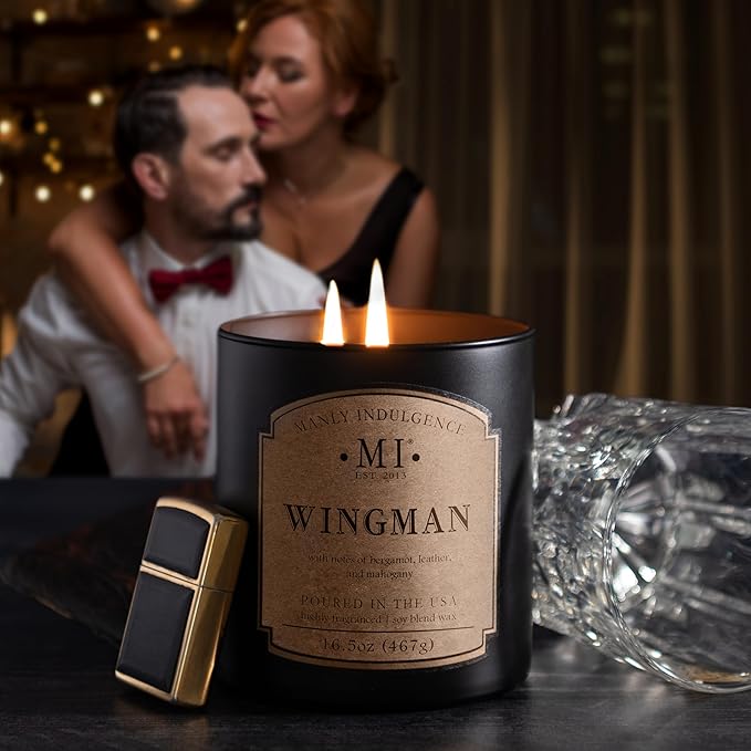 Manly Indulgence Wingman Scented Candles for Men, 2 Wick, 16.5 oz, Premium Soy Blend Wax, 60H Burn, Candles for Home Scented - Made in The USA