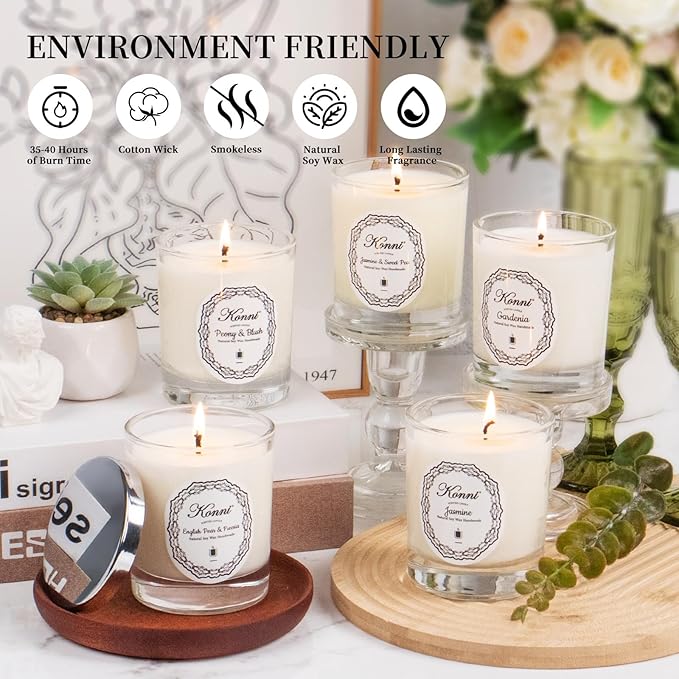 KONNI Scented Candles,Aromatherapy Candle, 7oz Natural Soy Wax Jar Candles, 40 Hour Burn Time, Home Scented Gift for Women & Men Christmas Birthday Mom Best Friends（Jasmine）