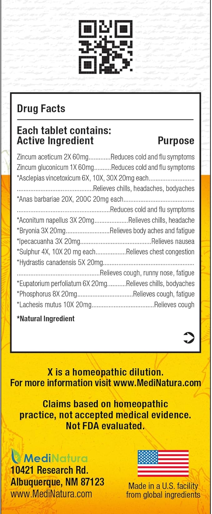 MediNatura ReBoost Cold & Flu Tablets Zinc +10 – Multi-Symptom Relief for Body Aches, Headache, Cough, Runny Nose, Mucus, Chest & Sinus Congestion – Non-Drowsy – Lemon Flavor – 60 Count