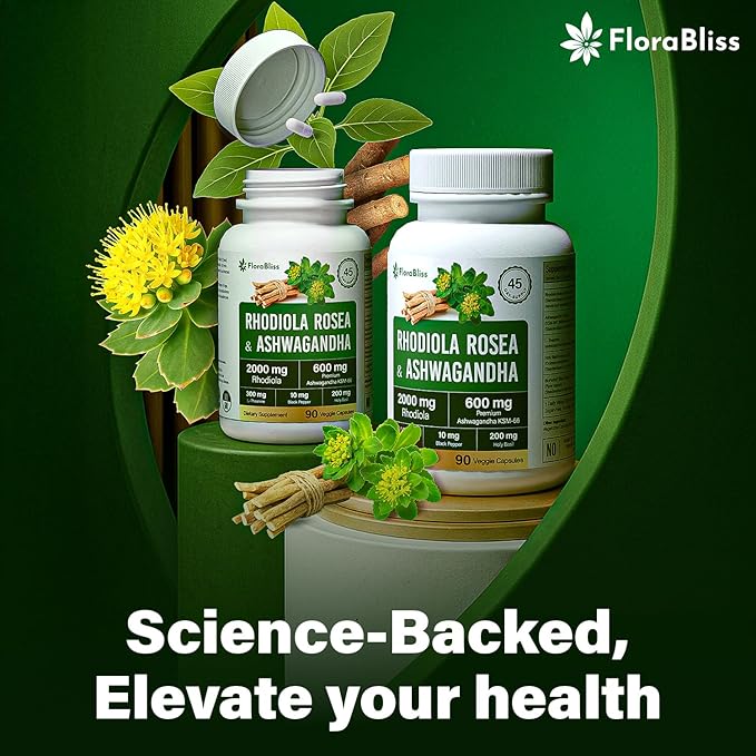 FloraBliss Rhodiola Rosea 2000mg with Ashwagandha KSM-66, L-Theanine, Holy Basil & BioPerine - 120 High Potency Vegan Capsules - Herbal Adaptogen for Energy & Wellness - No Artificial Additives