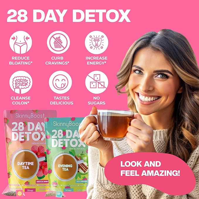 Skinny Boost Detox Tea Kit- 2 PACK –1 Daytime HIBISCUS (28 Bags) + 1 Evening APPLE CINNAMON-(14 Bags) – Herbal Detox for Energy, Bloating & Colon Cleanse – Green Tea, Vegan, Keto, Non-GMO, Sugar-Free