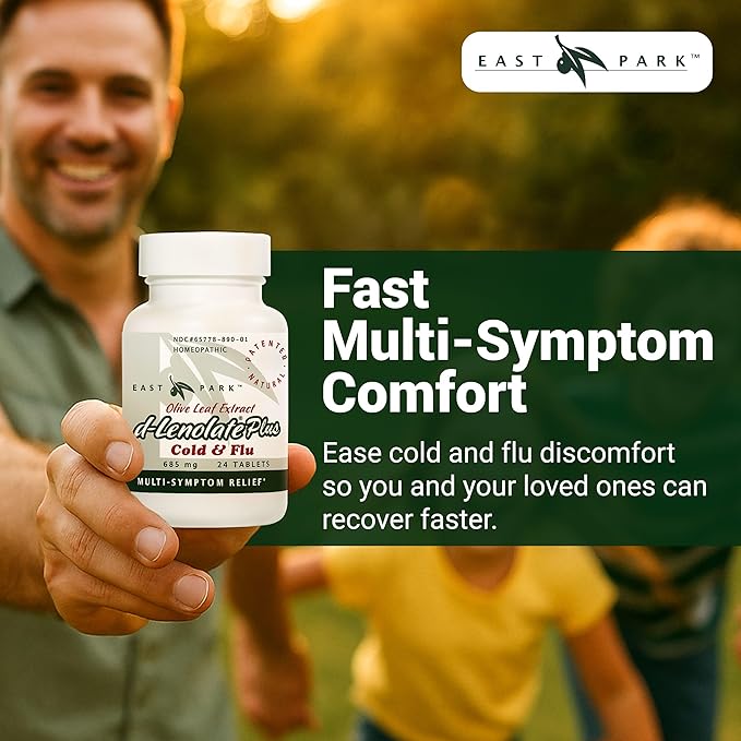 EAST PARK d-Lenolate Plus Cold & Flu Homeopathic Remedy for Adults & Kids | Immune System Booster with Olive Leaf Extract, Neem Leaf Extract & Echinacea | 625mg, 24 Tablets | Non-GMO (Pack of 2)