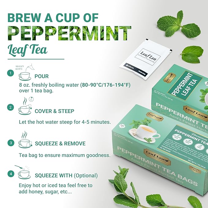 LeafLea 80 Premium Peppermint Tea Bags, 100% Natural Peppermint Leaf Tea, Te de Menta for Soothing Throat & Refreshing Breath, Light and Smooth Flavor, Caffeine-Free, Sugar-Free, Individually Wrapped