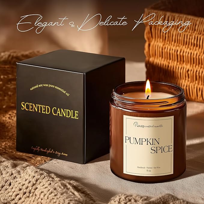 Pumpkin Spice Scented Candles for Home, Natural Soy Wax Aromatherapy Non Toxic Pumpkin Fall Candle Gifts for Women Men, Autumn Amber Glass Jar Candle Decoration for Halloween Holidays (9oz